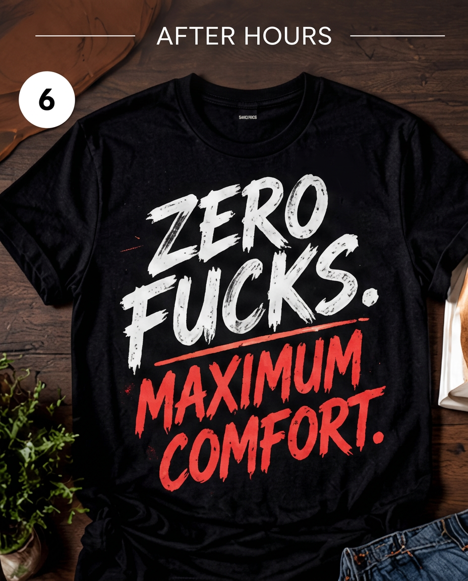 Black tee reading "Zero Fucks" in bold yellow lettering