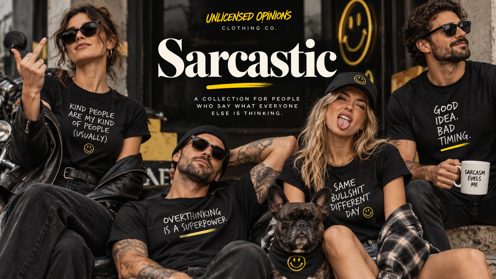 Group of friends in black sarcastic tees lounging on a leather couch