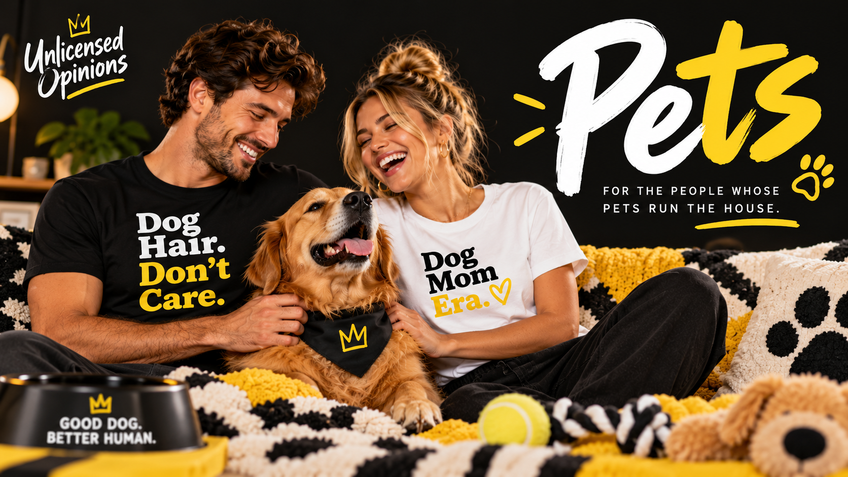 Couple hugging a golden retriever, wearing "Dog Hair. Don't Care." and "Dog Mom Era." tees