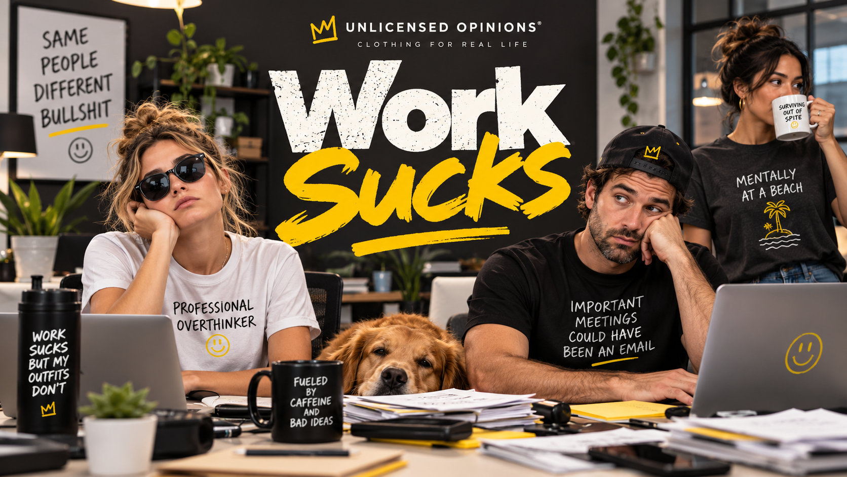 Tired coworkers slumped at a cluttered office desk with laptops and coffee mugs