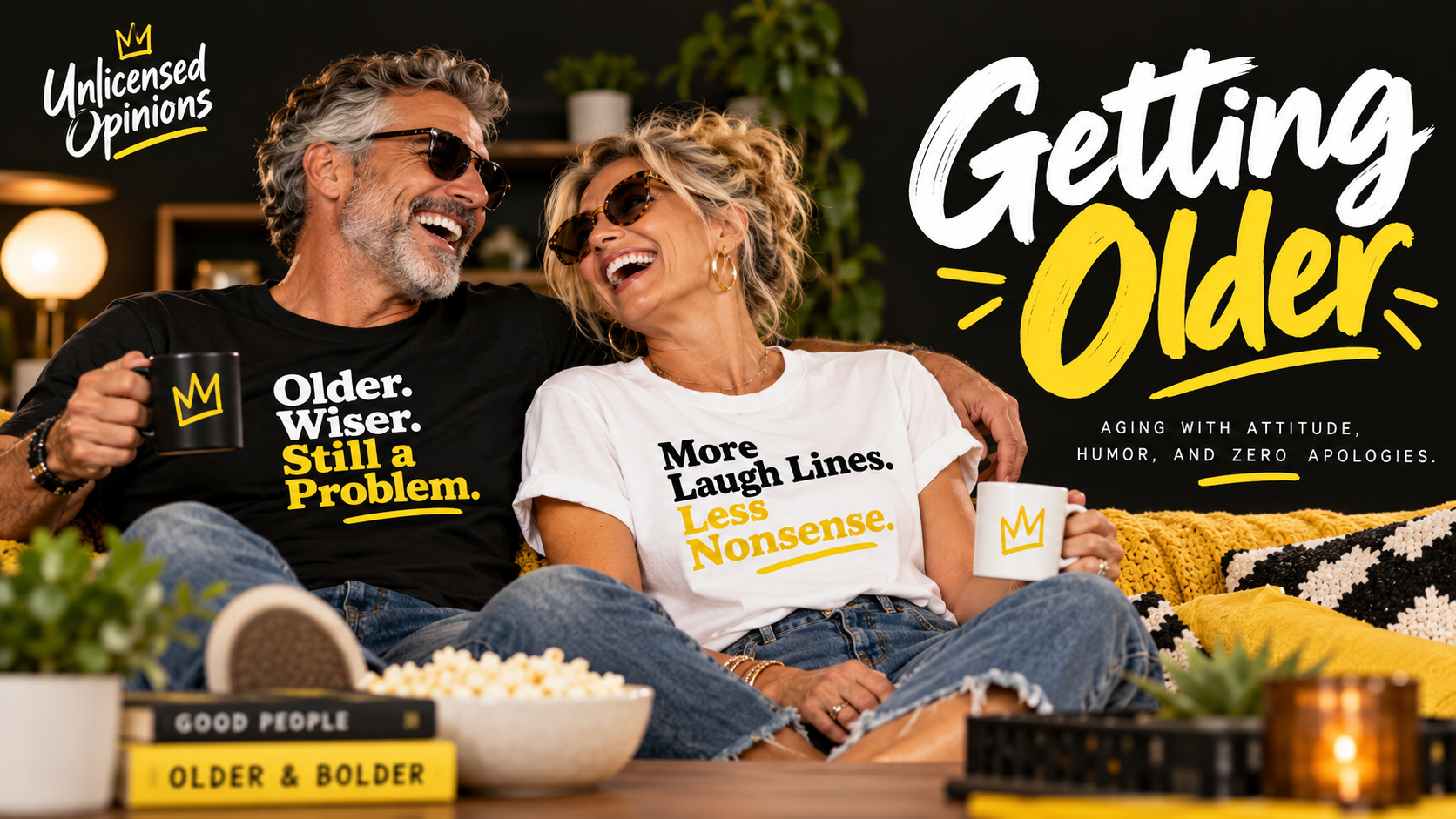 Laughing older couple on a couch with popcorn, wearing "Older. Wiser. Still a Problem." and "More Laugh Lines. Less Nonsense." tees
