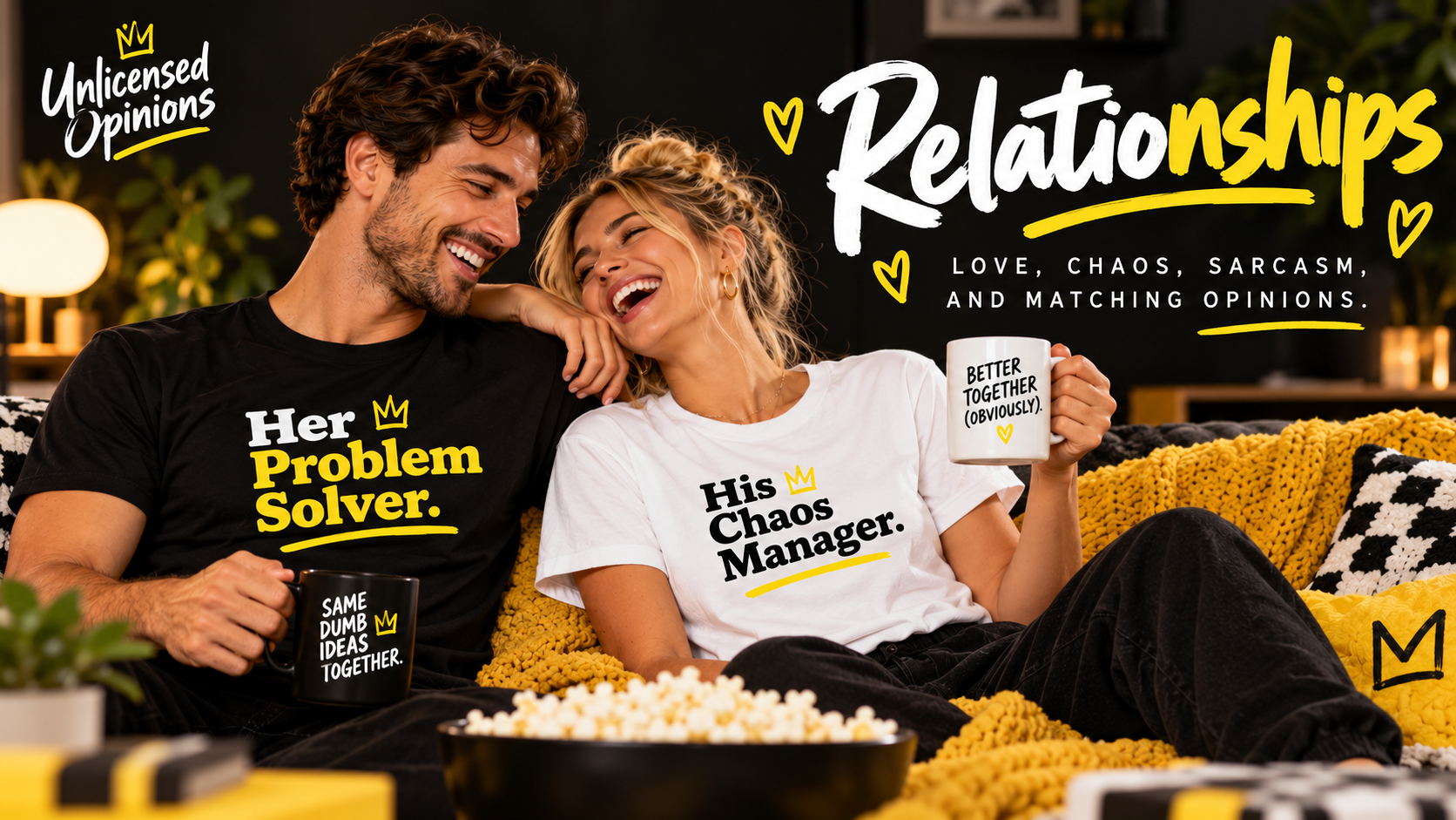 Couple laughing together on a couch in "Her Problem Solver." and "His Chaos Manager." tees