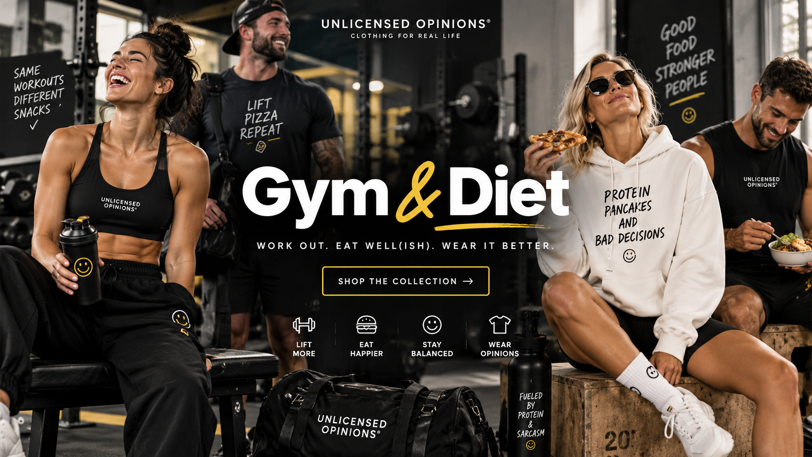 Friends in a gym wearing workout gear, mixing weights and snacks