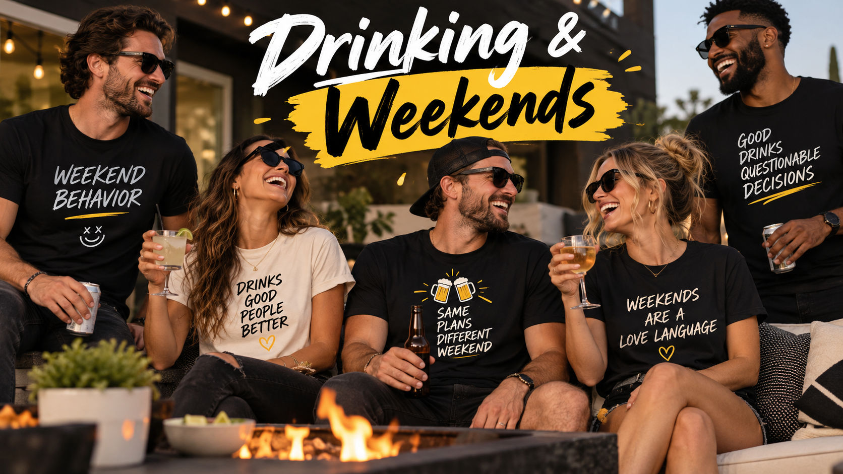 Friends laughing around a backyard fire pit with drinks, wearing black slogan tees