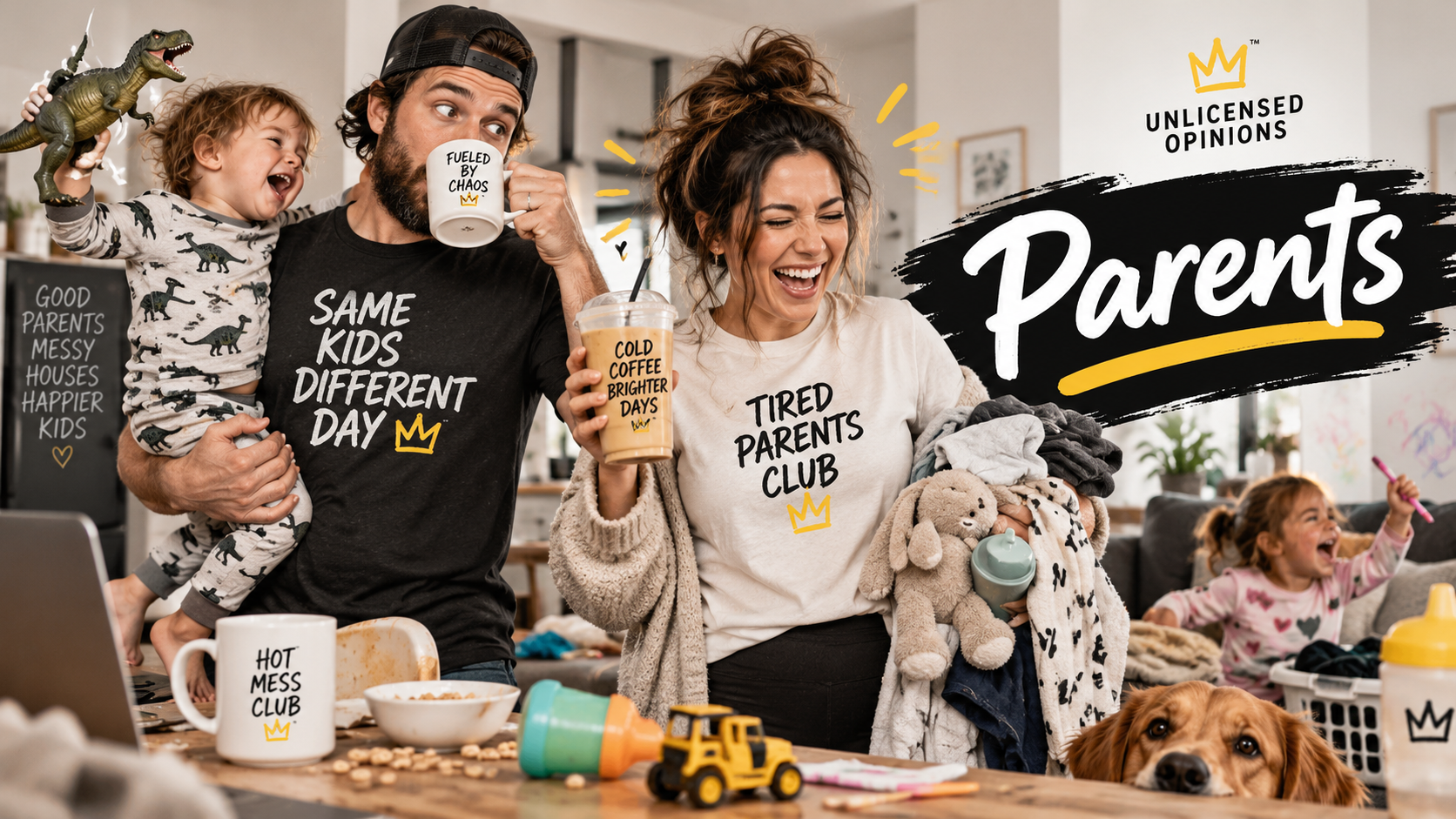 Laughing parents holding coffee in a messy living room with kids and a dog